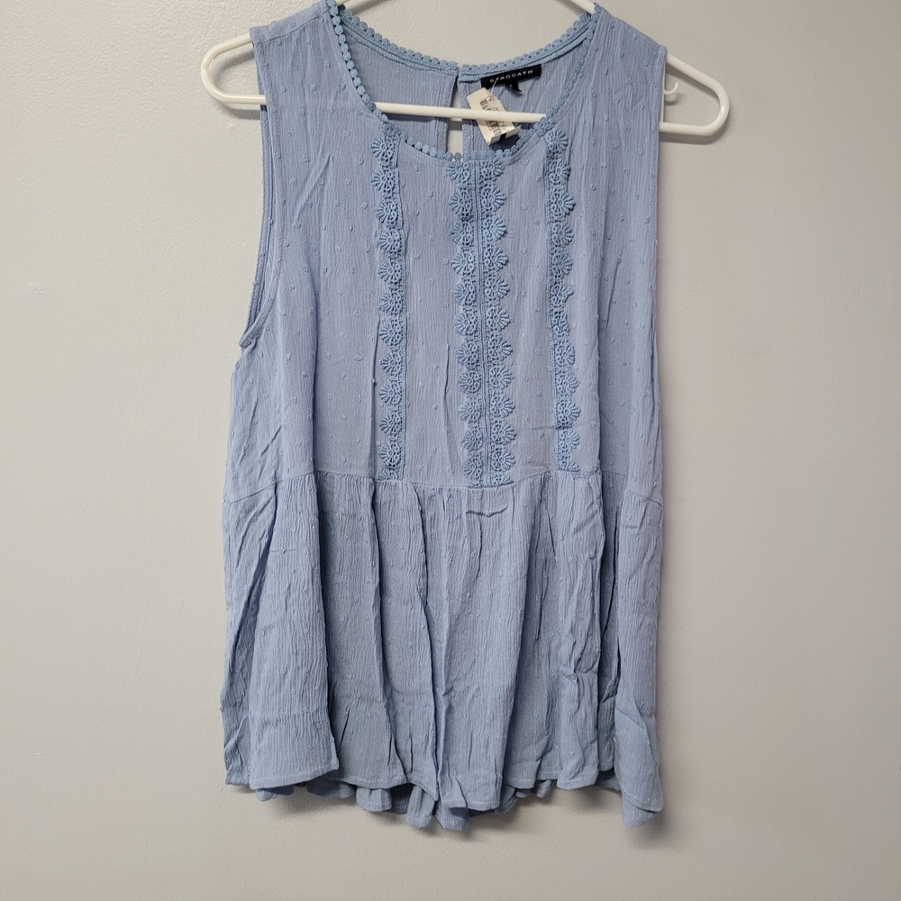Staccato Womens Sleeveless Swiss Dot Lace Trim Peplum Top Blue Small‎